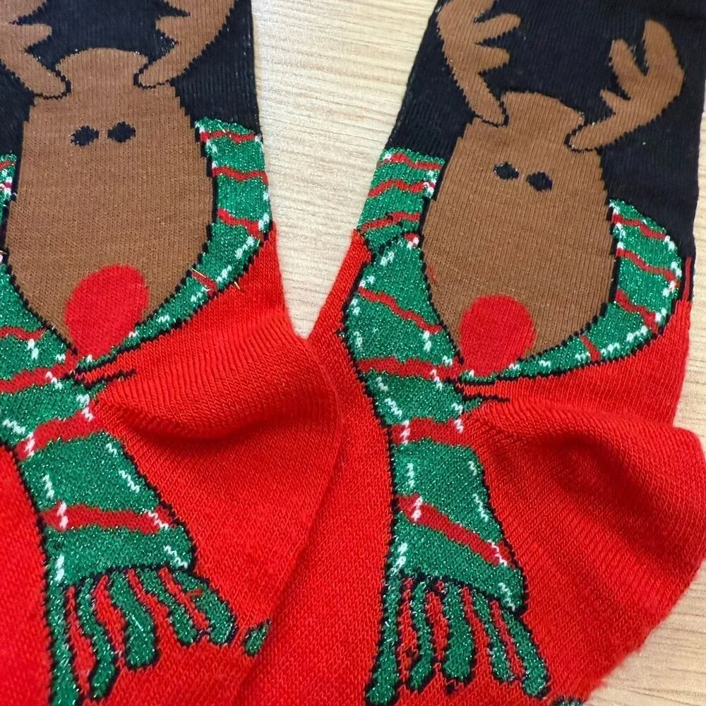 Holiday Reindeer Knit Socks Festive Glittery Scarf Design Christmas Red Black